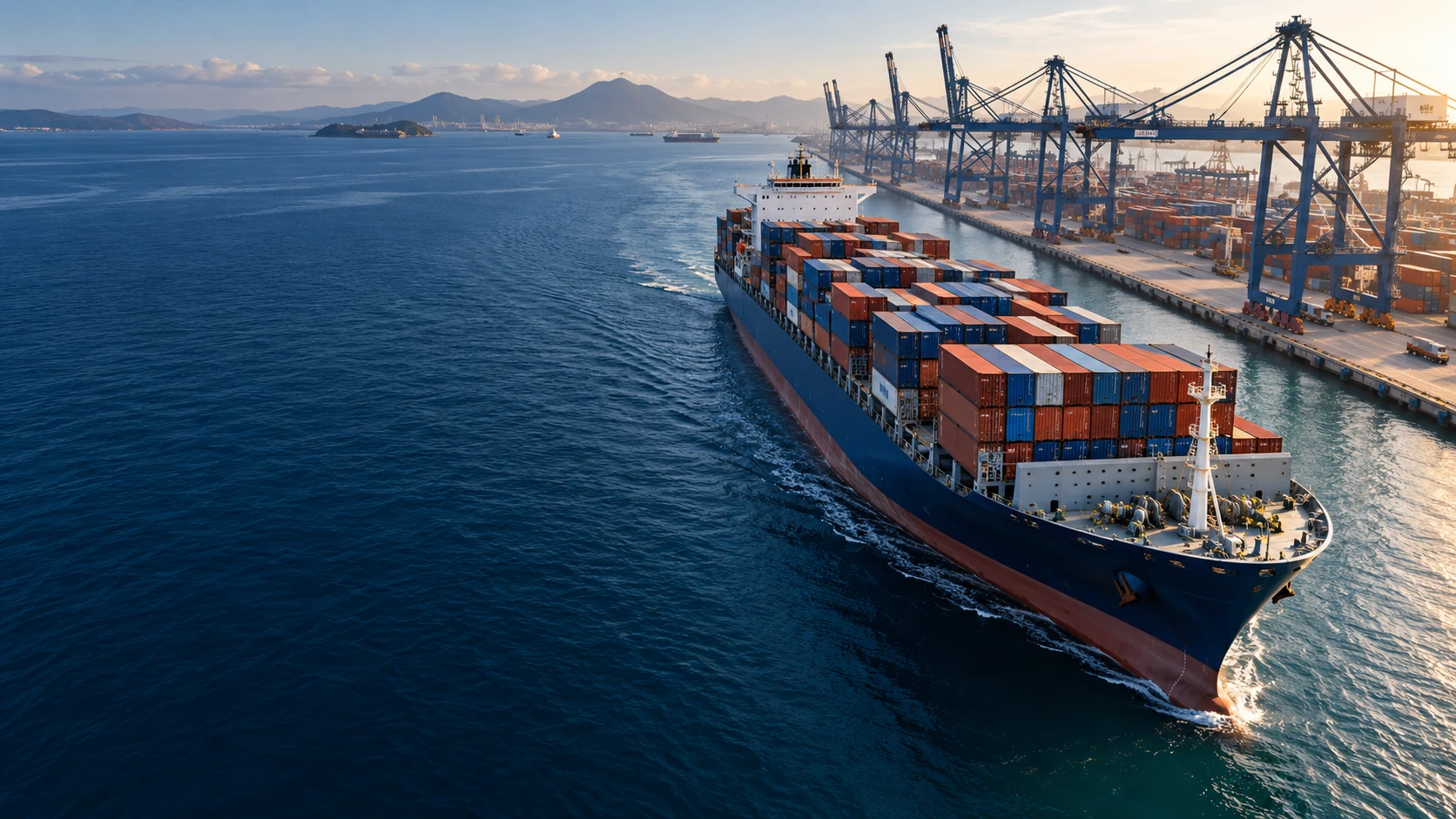 Buque de contenedores junto a un puerto internacional
